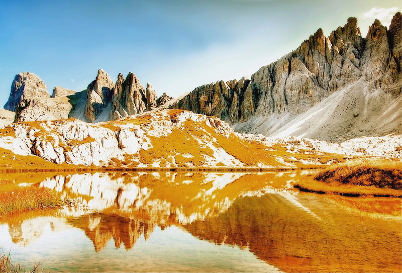 reflection, climb, 1080P, non-urban scene, scenics - nature, outdoors, mountain range, sexten dolomites, tranquil scene, view, landscape, waterfront, tranquility