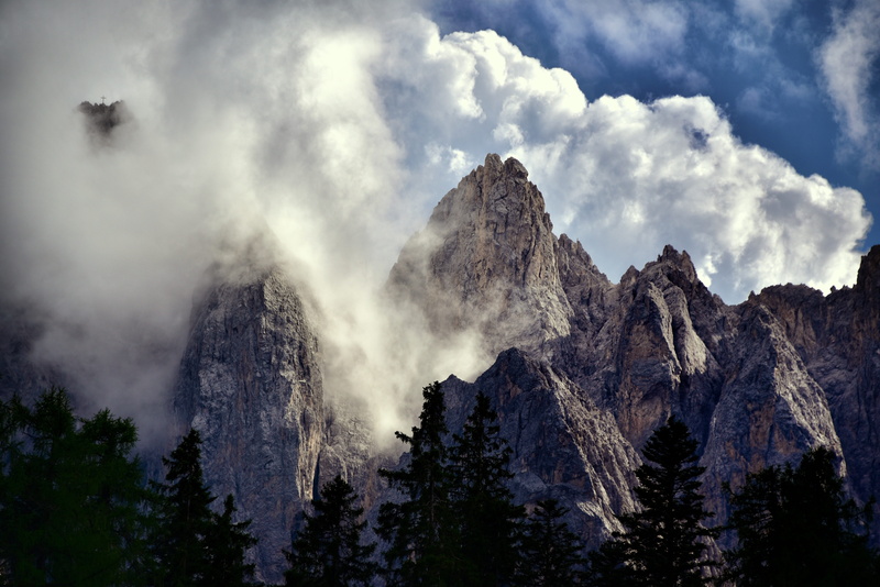 coniferous tree, rock formation, geology, italy, excursion, mountains, fog, rock - object, val pusteria, scenics - nature, cloud, trail, photo, no people