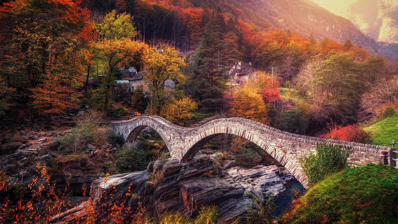 landscape, mountain village, verzasca valley, arches, ponte dei salti, autumn, valley, autumn leaves, autumn colors, stone bridge, village, nature, arch