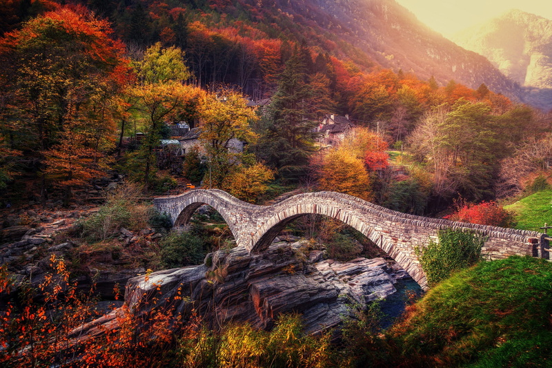 Lavertezzo, arch, forest, autumn collection, connection, architecture, bridge, 1080P, non-urban scene, outdoors, beauty in nature, tranquility, trees