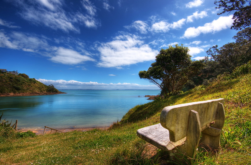 nz, land, bench, blue, 1080P, beach, landscape, lake, new zealand, waiheke  island, summer, ocean  sea, auckland, mountain, daytime, f100, sky, water