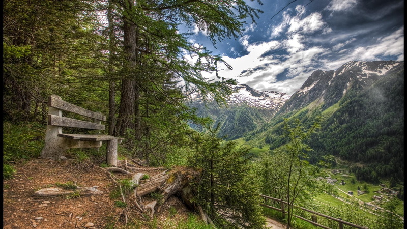 1080P, nature and landscapes, lookout, forest, valley, village, gorgeous, mountains, bench