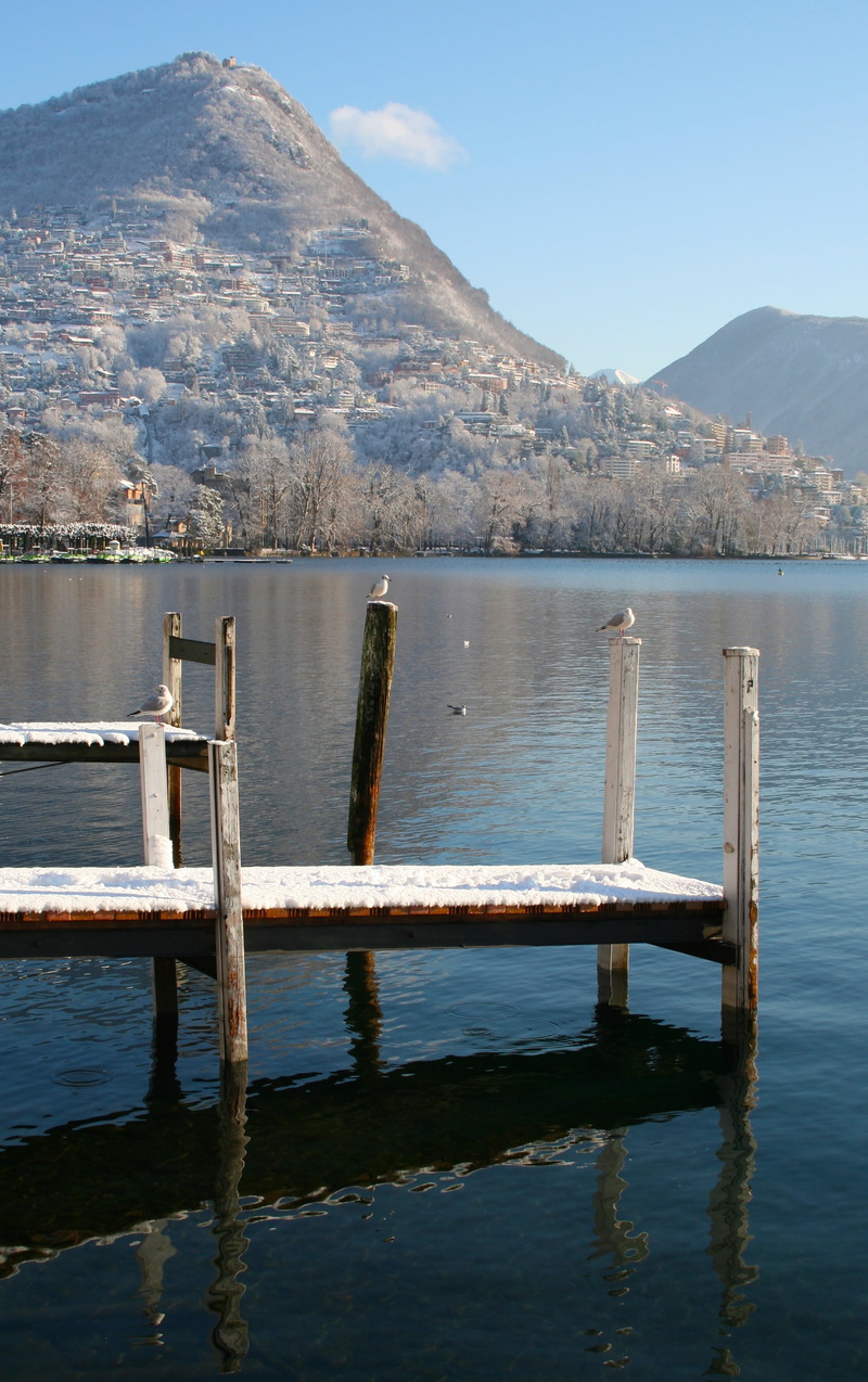 waterfront, bridge, reflection, tranquility, mountain, nature, snow, idyllic, winter, no People, post, wooden post, mirrors, mountains, non-urban scene