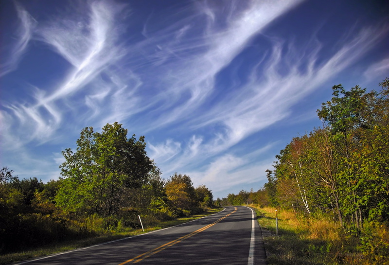 clouds, forest, asphalt, outdoors, gray, highway, rural Scene, concrete, Wilds, Noyes Township, concrete road, travel, autumn, daytime, cirrus, PA-144