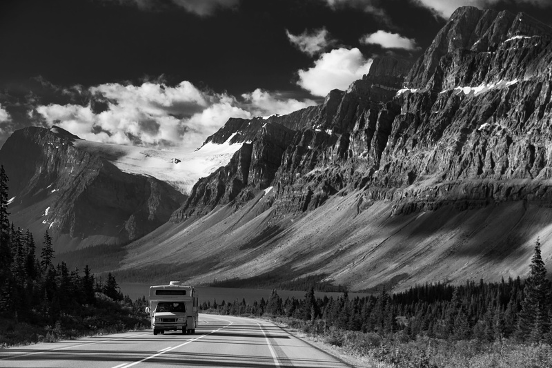 no People, near, tourism, passing, vehicle, road Trip, valley, camper, jasper, journey, driveway, photo, canada, rv, dramatic sky, beauty In Nature, tree