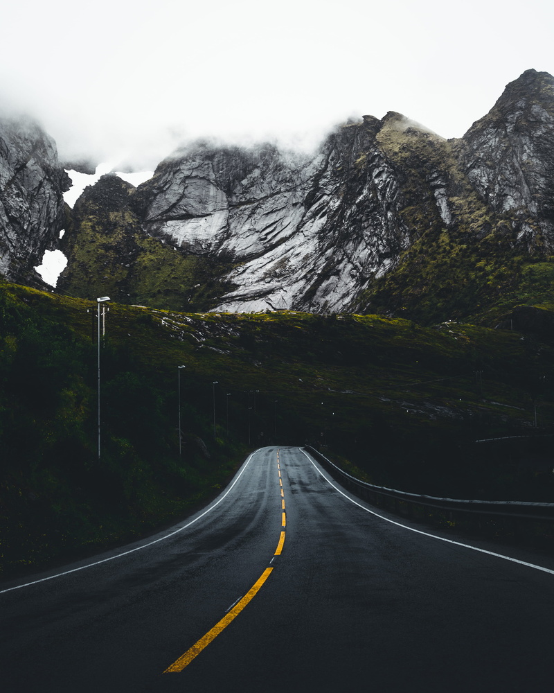 transportation, mountains, tree, mountain Range, mountain ridge, lofoten islands, traveling, asphalt, mountain Peak, forest, rural Scene, autumn, grassland