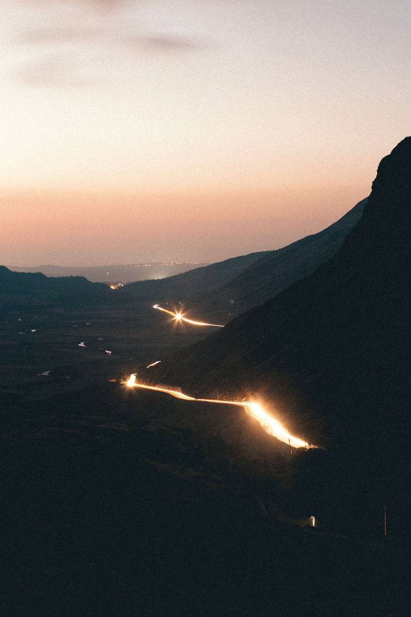 mountains, illuminated, highland, beauty in nature, lights, night, ridge, orange color, mountain range, non-urban scene, valley, tranquility, 5K, environment