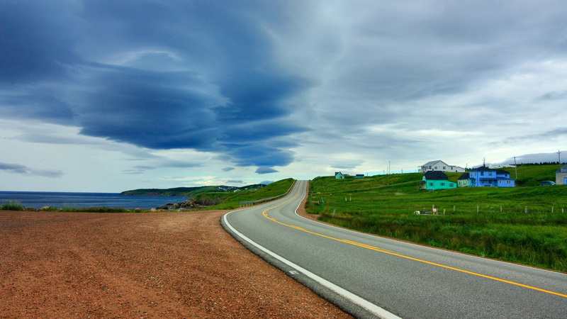 sky, asphalt, nature, road, sea, 1080P, gray, horizon, hills, blue, green, clouds, gravel, landscape, grass