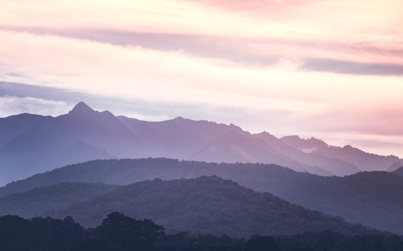 tranquility, morning, purple, clouds, skyline, cloudy, fog, no people, gray, tree, land, mountains, forest, sky, mountain, beauty, mountain layers, coniferous tree