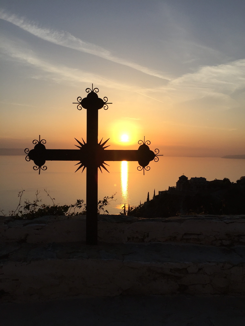 outdoors, night, spirituality, scenics - nature, silhouette, land, back Lit, crucifix, orange color, built structure, religion, beauty in nature, Greece