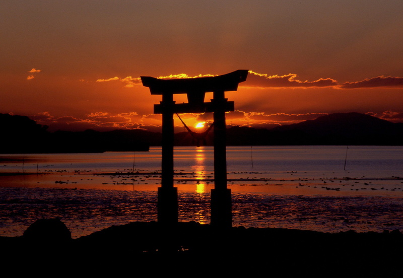 orange color, nagao shrine, dusk, idyllic, outdoors, religion, reflection, landscape, sea, beach, public domain, mountain, sky, land, non-urban scene, landmark
