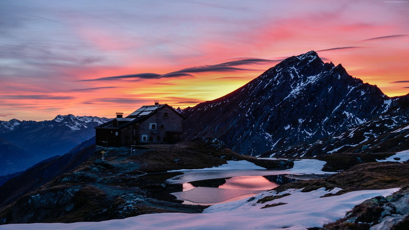 4K, mountains, snow, orange sky, nature, ridge, wilderness, house, sky, cloud, morning, peak, mount scenery, highland, dawn, lake, mountain range, sunrise