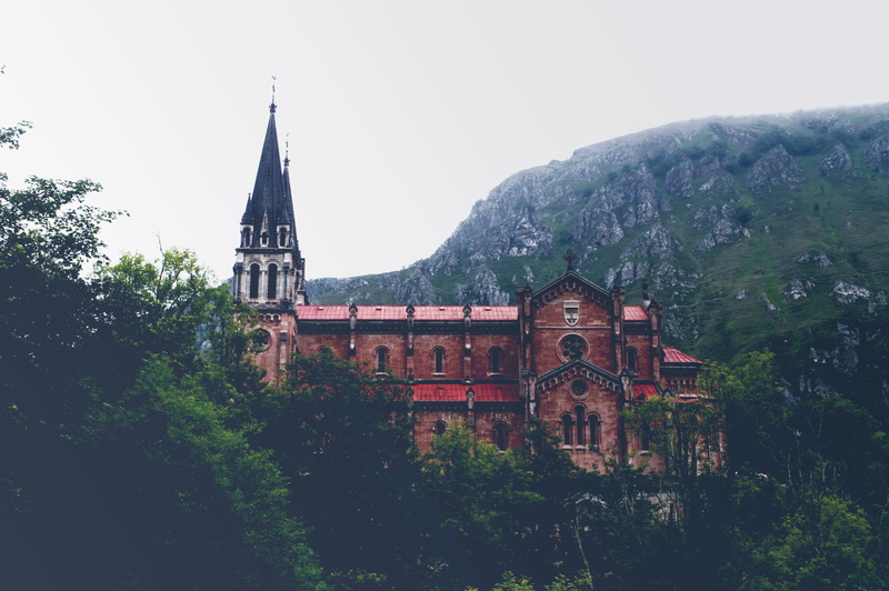 growth, tree, travel, belief, catedral, asturias, sky, plant, medieval, religion, no people, mountain, outdoors, red, spire, white, nature, covadonga, iglesia