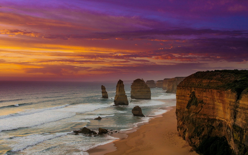 beach, no people, rock formation, tranquility, the twelve apostles, 1080P, sunset, stack rock, land, sky, cloud - sky, tranquil scene, horizon over water