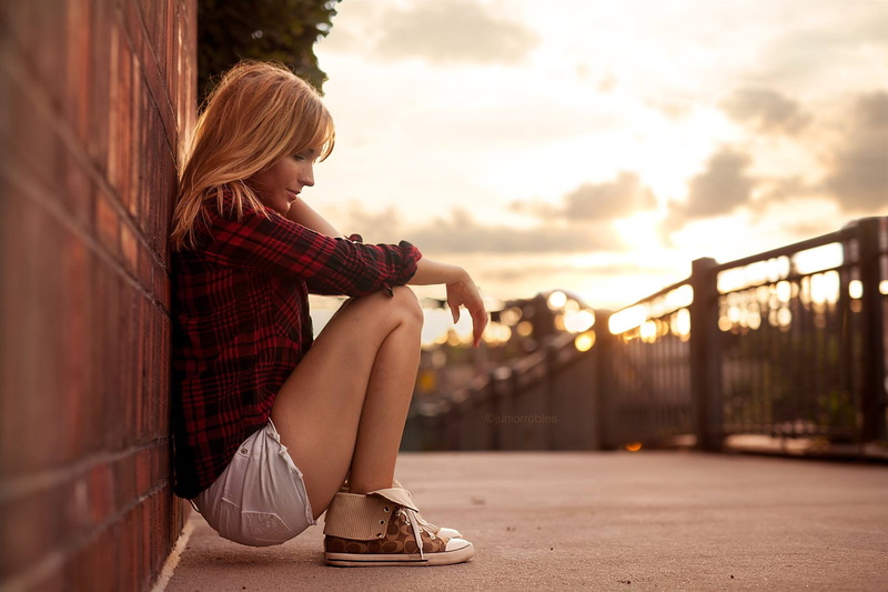 city, sky, blond hair, bridge - man made structure, young adult, beautiful woman, outdoors, one person, sitting, hair, adult, jean shorts, beauty, Golden Hour