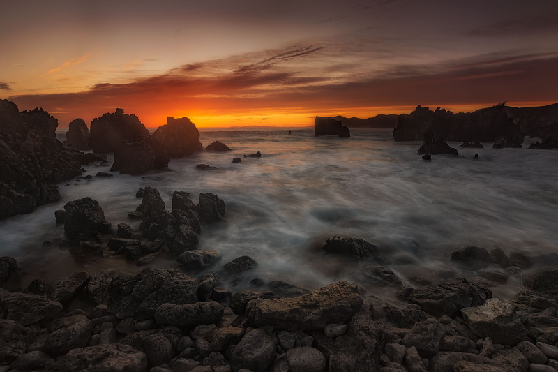 seashore, landscape, scenics, rocks, sunrise - Dawn, nature, rock - Object, coastline, en, sunset, sea, 2K, dusk, photo, Noja, formation, Amanecer, beach