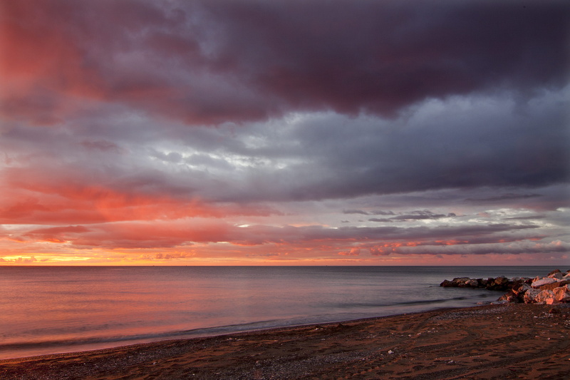 land, playa de san andrés, quinoal, horizon over water, nature, dusk, 4K, rocas, outdoors, tranquil scene, amanecer en huelin, beauty in nature, amanecer en málaga