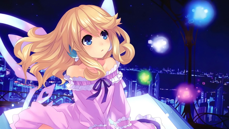 open mouth, anime, city, Historie, blue eyes, blonde, Hyperdimension Neptunia mk2, wings, anime girls, 1080P, long hair