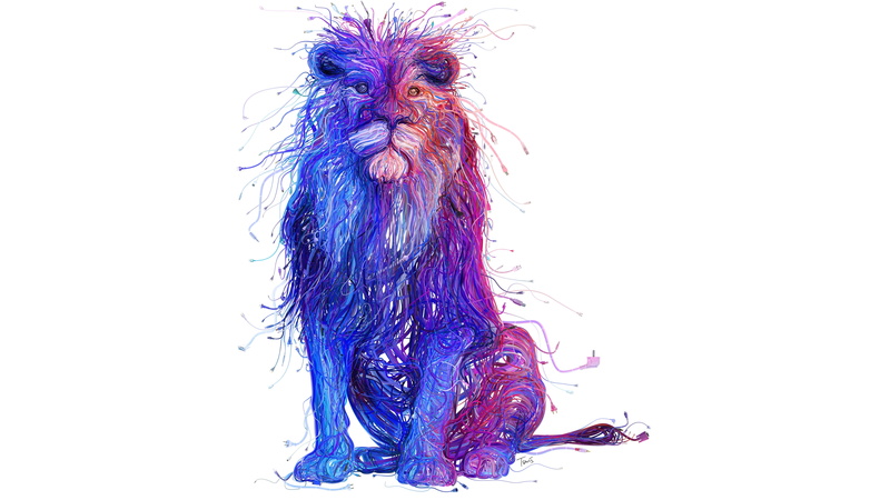 lion, art, illustration, artistic, cable, fantasy art, purple, 8K