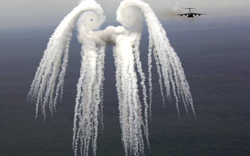 water, motion, cloud - sky, Boeing C-17 Globemaster III, birds, aerospace industry, nature, smoke - physical structure, sea, transportation, outdoors, travel