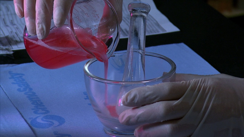 indoors, holding, adult, surgical glove, drink, household equipment, healthcare, human hand, hand, 1080P, glass, human body part, chemistry, non-alcoholic beverage