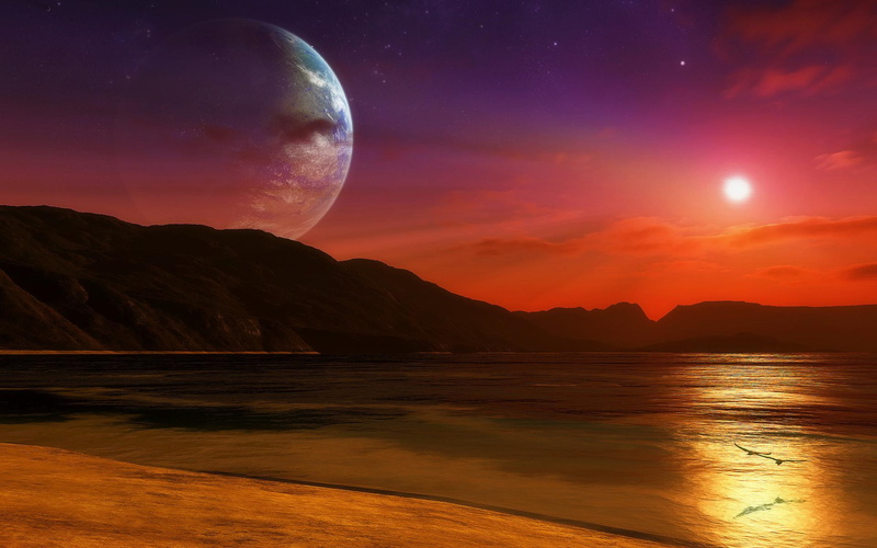 3d and abstract, silhouette, night, beside, planet, water, 1080P, time, bird, body, beach, mountains, utopia