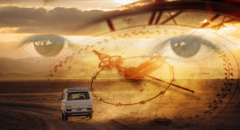 time travel, surreal, mode of transportation, the way forward, drive, clock, dream factory, digital composite, utopia, discovery, eyes, car, monitor, sky