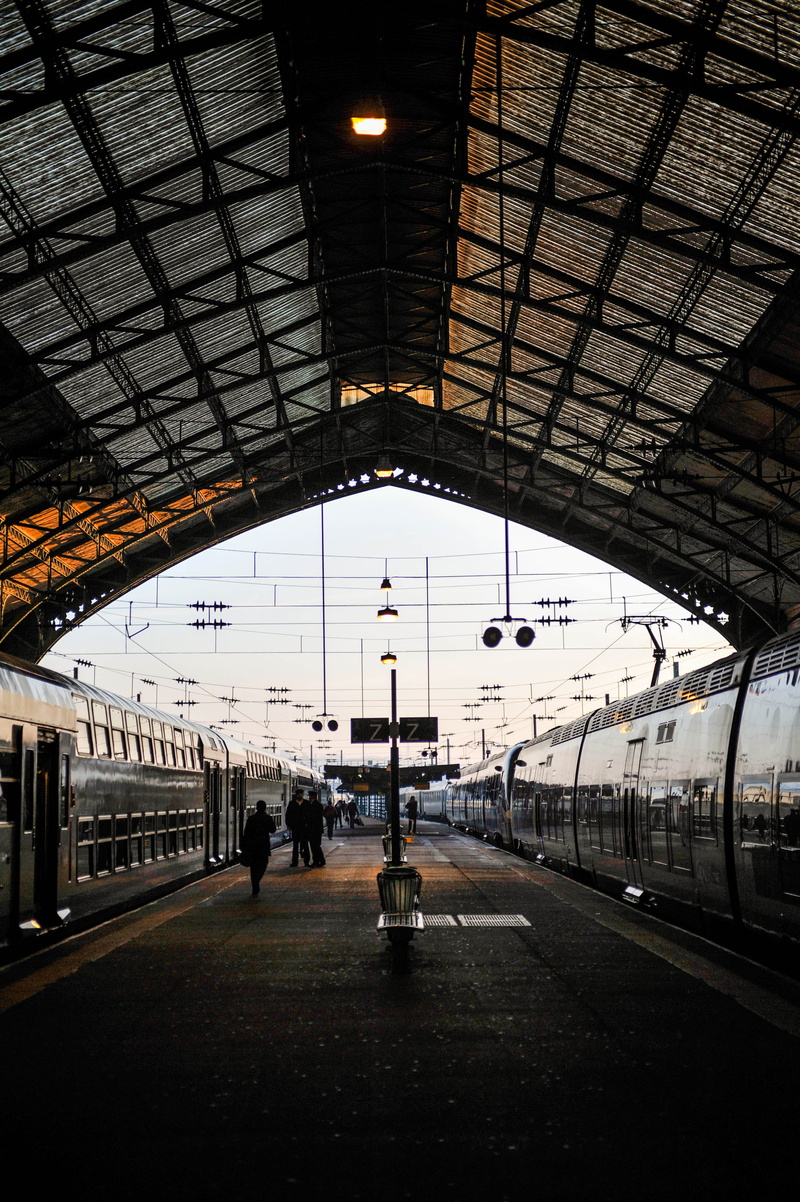 railroad track, ceiling, mode of transportation, built structure, people, daytime, railroad station platform, group of people, architecture, urban, waiting