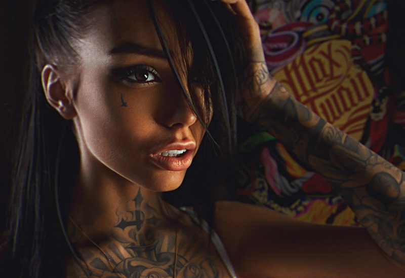 eyes, Max Twain, lips, women, tattoo, 1080P