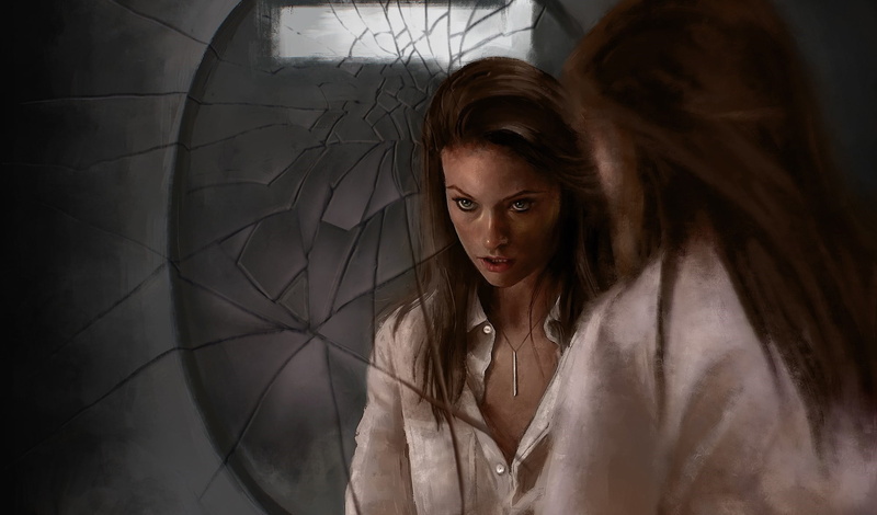 brown hair, hairstyle, portrait, young women, indoors, mirror, 1080P, long hair, women, hair, Olivia Wilde, artwork, real people, young adult, sadness