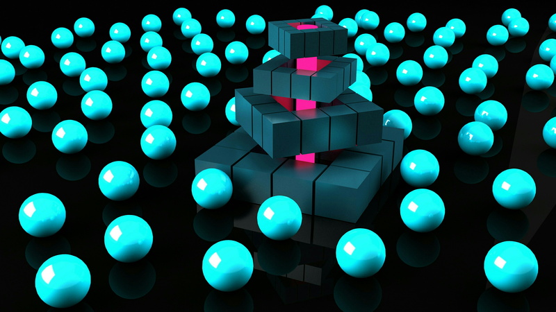 pyramid, ball, graphics, background, digital art, blue, 4K, product, 3d, balls, cube, light, turquoise, sphere