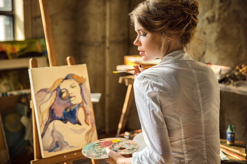 concentration, young Adult, caucasian Ethnicity, art And Craft, working, drawing - Activity, women, white, gouache, artist, fine Art Painting, hobbies