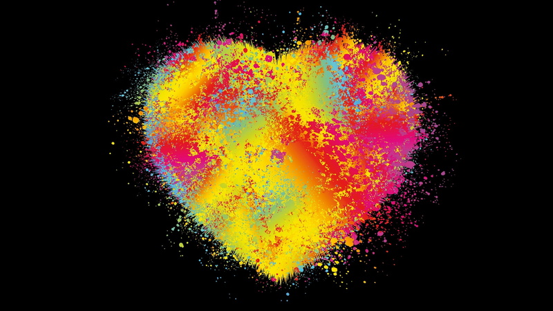 2K, minimalism, heart, digital art, colorful, black background, paint splatter, dots