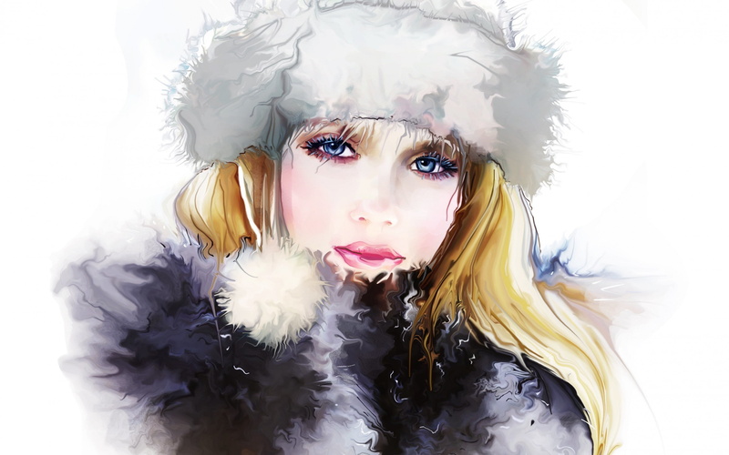 hairstyle, women, young adult, beautiful woman, artwork, fur hat, hat, 2K, painting, watercolor, front view, fur, real people, one person, portrait, winter