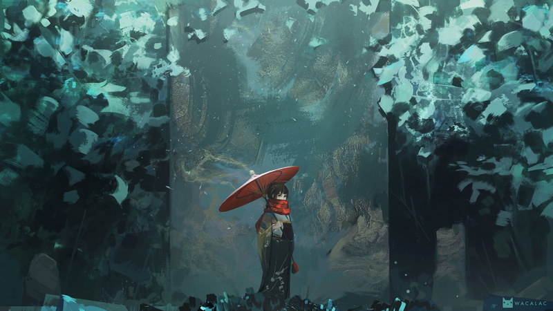 fantasy girl, women, digital painting, painting, outdoors, umbrella, nature, cyan, women with umbrella, forest, women outdoors, concept art, environment