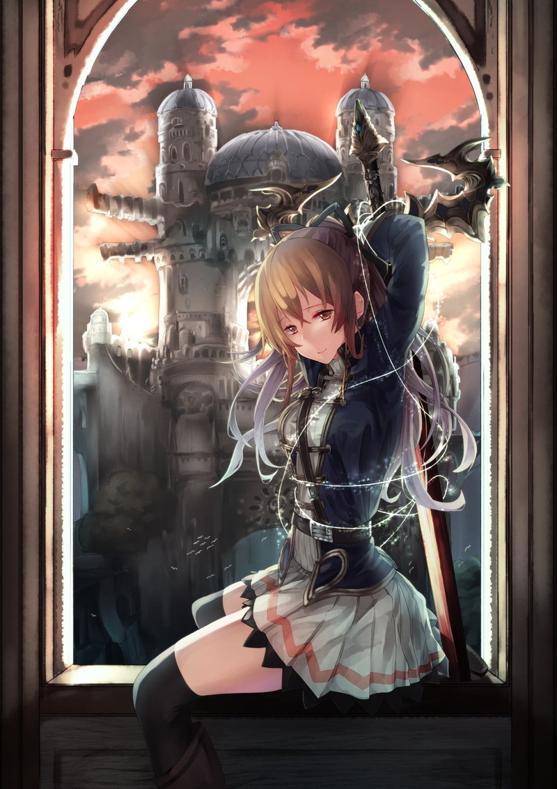 casual clothing, anime girls, hair, hairstyle, sword, young adult, adult, three quarter length, holding, Granblue Fantasy, 720P, window, skill, real people