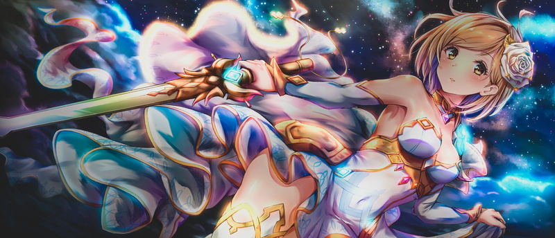 Djeeta (Granblue Fantasy), thigh-highs, dress, anime girls, cleavage, anime, Granblue Fantasy, sword, 2K
