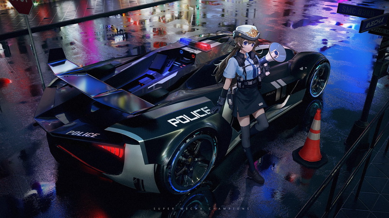 night, anime girls, police cars, Wang Xi, 1080P