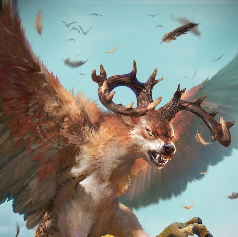 wolf, dog, lup, yakun wang, fantasy, horns, creature, wings, Peryton, 720P
