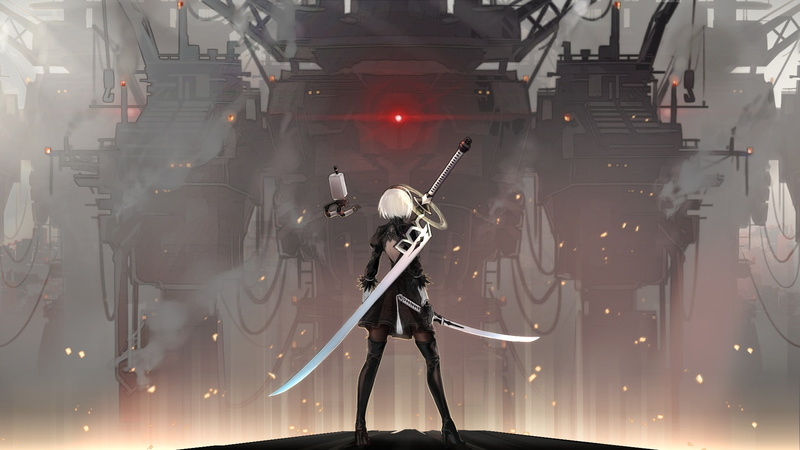 game, Glory to mankind, 2b yorha, super-weapons, 1080P, sparks, fog, combat robot, blade, nier automata, cool, katana