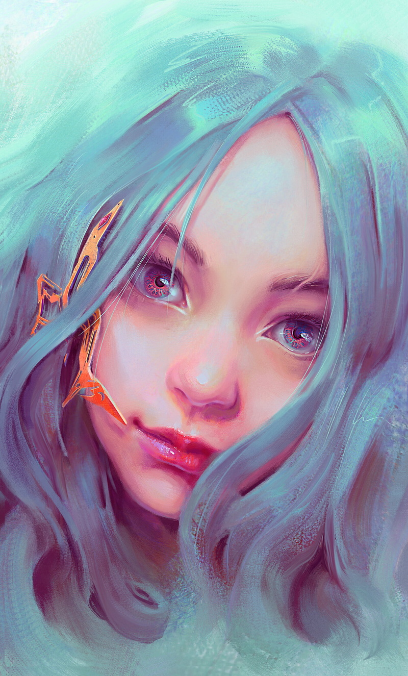 2D, drawing, cyan hair, original characters, smiling, anime, artwork, digital art, red lipstick, 2K, cyan, Mandy Jurgens, anime girls, women, fantasy girl