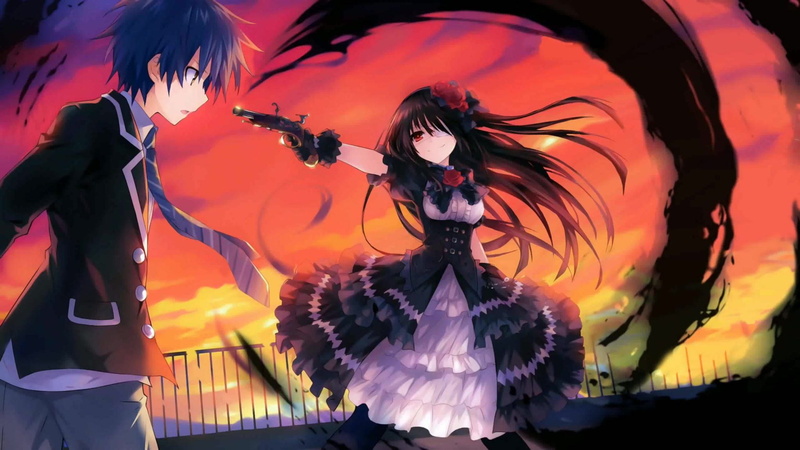 fantasy girl, anime girls, black hair, gun, blue hair, Itsuka Shidou, anime boys, kurumi (date a live), magic, blue eyes, dress, 1080P, yellow eyes, Date A Live