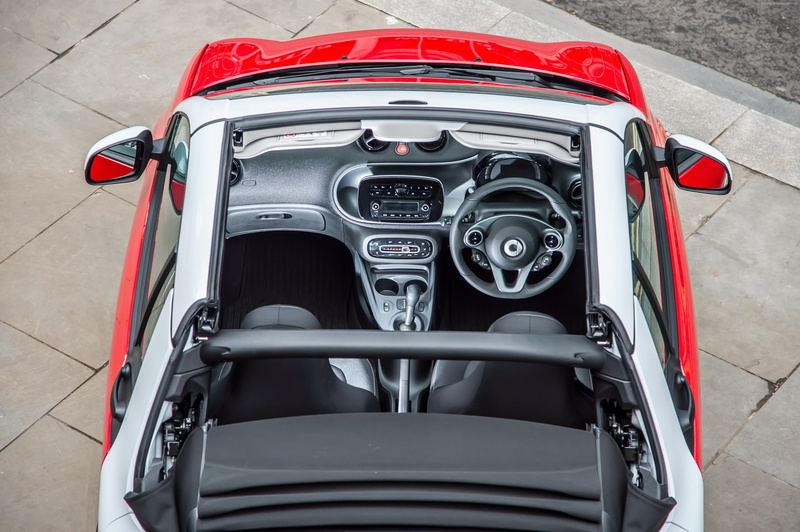 land vehicle, sports race, outdoors, cabriolet, motor vehicle, no people, day, interior, sport, high angle view, wheel, tail light, Smart fortwo passion cabrio