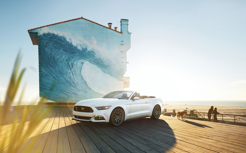 1080P, Convertible, Ford Mustang, Cabrio, Ford, front angle view, car, waves, cabriolet