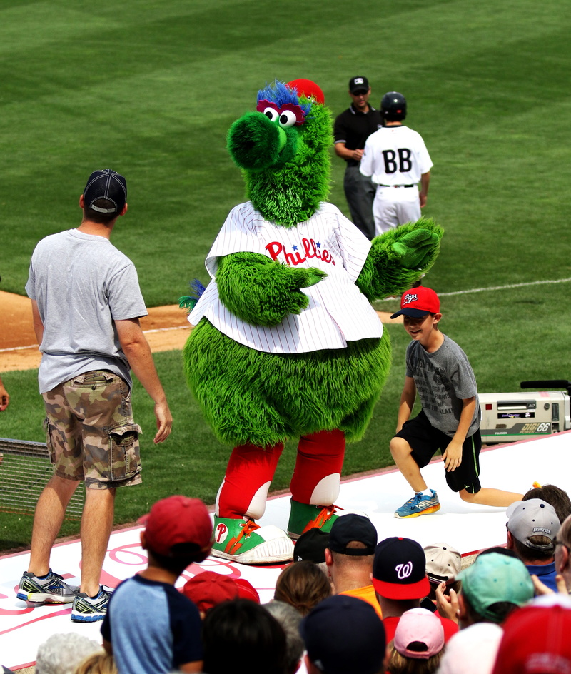 men, phillies, phillie phanatic, uniform, standing, creativity, plant, allentown, umpire, lehigh valley ironpigs, player, day, rear view, field, women