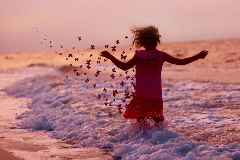 1080P, girl, sea, butterfly, summer, beach, roaring, 3d and abstract