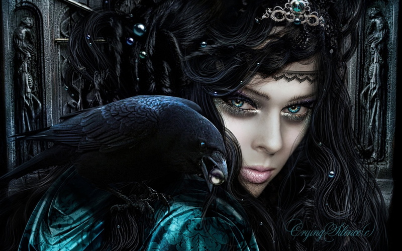 hair, young adult, dark, wearing, make-up, dress, Women, portrait, girl, gothic style, adult, hairstyle, tiara, looking at camera, evil, long hair, one person
