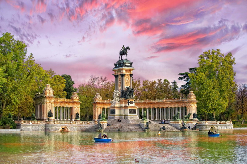 Retiro, Madrid, Spain, 1080P, water, boat, Park, trees, monument