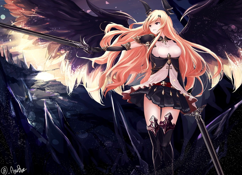 1080P, anime girls, horns, anime, Shingeki no Bahamut, sword, wings, Dark Angel Olivia