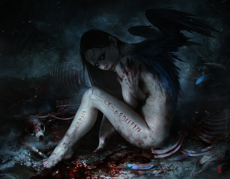 fallen angel, bones, look, dark fantasy, fantasy, 4K, art